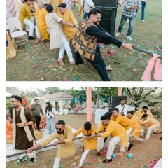 This wasn't a regular Haldi. We love when couples add their own twist, like this energetic tug-of-war between the bride and groom's sides. It's all about capturing the unique fun of your day.