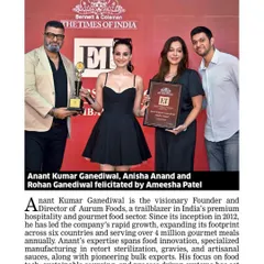 A proud moment at the ET F&B Leaders Conclave, where Aurum Foods was celebrated for our culinary journey and contribution to sustainable food dynamics. Our founders were felicitated by Ameesha Patel.