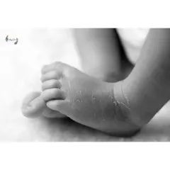 A black and white close-up of newborn feet. This perspective highlights the unique textures and wrinkles that are so characteristic of the first few weeks of life.