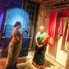 A look at our textile panels displayed at the PAMPA exhibition in Hampi. Our master printers recreated the intricate pillars of Hampi's temple architecture using a multi-layered block printing technique on handwoven fabric.