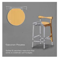 A design sketch of a custom bar stool, showing our process of refining the form and structure before execution. This is where skilled execution meets thoughtful design.