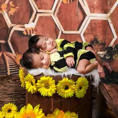 Two little honeybees sleeping soundly. This themed twin photoshoot uses a honeycomb backdrop, sunflowers, and cute bee outfits for a sweet and memorable picture.