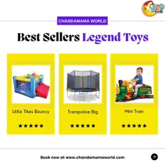 Here are more of our legendary toys. The Little Tikes Bouncy is perfect for smaller kids, the big Trampoline is great for jumpers, and the Mini Train is a favorite for little conductors.