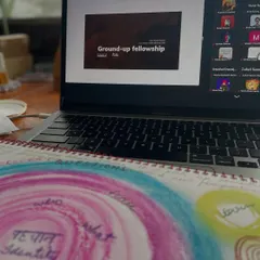 A snapshot of my desk during an online fellowship session. My notebook, filled with colorful mind maps and notes in Hindi and English, sits in front of my laptop. This is what my learning process looks like: absorbing stories and experiences to fuel my art and activism.