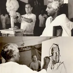 A diptych showing Vidya Bhushan painting a portrait of Bondarenko, while Bondarenko sculpts a bust. This image captures a moment of cross-cultural artistic dialogue, a key theme in the exhibition.