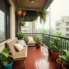 This is what a perfect evening looks like. We designed this balcony with a comfortable wooden bench, a hanging swing for ultimate relaxation, and a mix of potted and hanging plants to create a full, immersive garden experience high above the city.