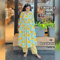 Embrace effortless elegance in this breathable floral printed kurta. The cheerful yellow flowers on a light blue base make it a perfect outfit for a sunny day out.