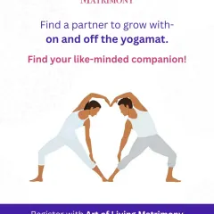 An illustration of a couple forming a heart shape with a yoga pose. Find a partner to grow with, both on and off the yogamat, and build a life of shared wellness and inner peace.