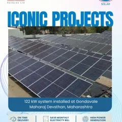 We believe in powering communities with clean energy. This 122 kW solar system installed at the Gondavale Maharaj Devsthan in Maharashtra is one of our iconic projects, demonstrating our capability to execute specialized installations for institutional and cultural sites.