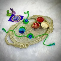 A beautiful, handmade Rakhi set for the festival of Rakshabandhan. I create these eco-friendly crochet Rakhis to celebrate the special bond between siblings.