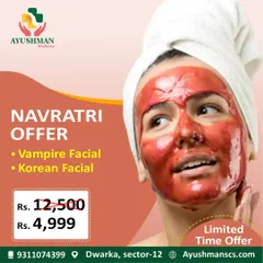 This graphic highlights our special Navratri offer on popular treatments like the Vampire Facial and Korean Facial. We provide these limited-time deals to help you celebrate with a radiant glow.