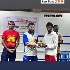 Sahil receiving his 'Best Bout' award at the Guru Purnima Novices and Masters Tournament. We don't just win; we put on performances that are recognized for their skill and heart.