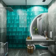This bathroom combines a bold turquoise tile accent wall with a grey marble finish, creating a vibrant yet sophisticated look.
