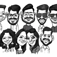 A black and white group caricature created for a team. This is a great way to get a portrait of a large group of friends or colleagues.