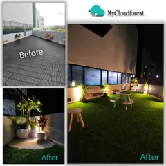 The power of a well-designed space is in its transformation. This before-and-after view of a commercial terrace shows how I turned a barren, unused area into a vibrant green lounge for employees and clients, complete with soft artificial turf, strategic lighting, and comfortable seating.