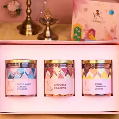 A perfect trio of nibbles for your Diwali get-togethers. This box contains three jars of my most popular snacks: Filter Kaapi Almond Dragees, Chipotle Cashews, and Ginger Cinnamon Cookies.