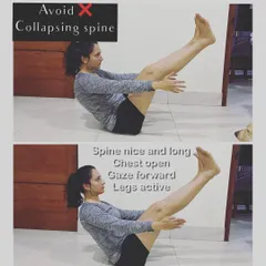 Proper spinal alignment is crucial in Boat Pose. The top image shows a common mistake of collapsing the spine. Instead, focus on keeping the spine long and the chest open, as shown in the bottom image, to fully engage your core.