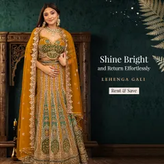 Shine bright and return effortlessly. This image highlights the beautiful details of the mustard lehenga, a perfect rental for a wedding guest.