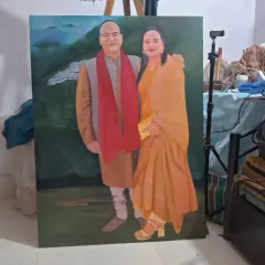 Another view of the large-scale couple portrait on an easel in my studio. This format is ideal for creating a statement piece that becomes a focal point in a room.