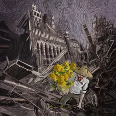 Even in utter ruin, hope persists. An artist, reminiscent of Vincent, carries a pot of bright yellow sunflowers through a city devastated by war. This illustration is my statement that color, life, and art can and must be carried into the darkest of places.
