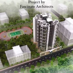 An aerial 3D render of the "Deluxe Homes" project in Kalamboli, showing its placement within a planned environment that includes recreational facilities like a basketball court. This view highlights the project's community-oriented amenities.