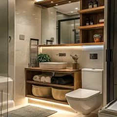 This bathroom design uses warm wood tones and under-vanity lighting to create a cozy, spa-like feel. The open shelves and woven baskets provide stylish and accessible storage for towels and toiletries.