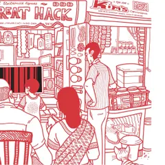 A detailed crop of the mural, focusing on the characters and their interactions within the busy electronics shop scene. Every part of the wall is filled with small stories.