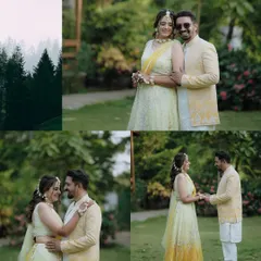 A collage of the couple's romantic portraits during their Haldi event. Even amidst the fun, we find moments for quiet, intimate shots in a beautiful garden setting.