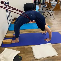 Using the wall ropes for support in Urdhva Dhanurasana (Upward Bow Pose). The ropes help to open the shoulders and lift the dorsal spine, making the backbend deeper and safer. This is an advanced backbend practice.