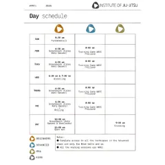 A detailed look at our day schedule, featuring fundamentals for beginners, advanced training camps, and wrestling sessions. All morning sessions are No-Gi.