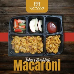 Our menu is never boring. Here is a look at our breakfast macaroni meal, served with fresh cut fruits like apples, strawberries, and kiwi for a balanced start to your day.