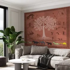 This living room showcases our Traditional Indian Warli Life wallpaper, adding a touch of cultural heritage and artistic storytelling. It’s a design that brings warmth and a unique narrative to any modern home.