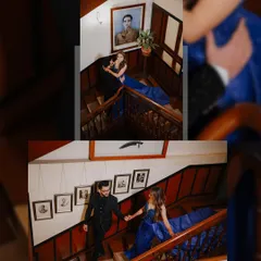 A collage of a couple during their engagement shoot inside a heritage building, using the grand staircase to create elegant and dynamic compositions.