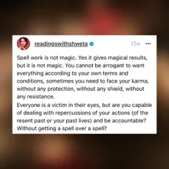 A screenshot of my post explaining that spellwork is not magic, though it gives magical results. You cannot be arrogant and expect to bypass your karma. You must be accountable for your actions and ready to face the repercussions.