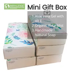 A look at our mini gift box, which contains three of our favorites: Aloe Vera Gel with Vitamin E, Organic Rose Mist, and a handmade natural soap.