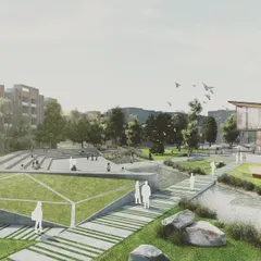 We designed this community park to be a dynamic public space, featuring a terraced amphitheater for events and gatherings. The layout includes accessible walking paths that meander alongside a naturalized water feature, promoting both activity and relaxation within the residential layout.