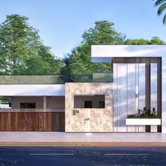 This is a photorealistic render for my "Urban Line" project in Bangalore. It features a bold, contemporary ground-floor elevation that combines clean white structures with natural stone and wood textures for a striking modern look.