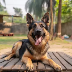 A majestic German Shepherd relaxing on our wooden deck. We have experience caring for large and powerful breeds with confidence.