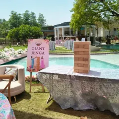 Who says Haldi functions can't have a little friendly competition? I set up this Giant Jenga game by the pool for a beautiful outdoor event in Gurugram, giving guests a fun and interactive activity to enjoy.