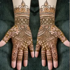 A classic design with symmetrical patterns on both hands, featuring traditional motifs and clean geometric fills.