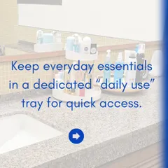 This series of tips shows how to transform your dressing table. Start by decluttering, then use turntables for perfumes, clear trays for daily essentials, and labeled bins for lesser-used items.