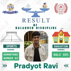 We believe in balancing dreams with discipline. This is Pradyot Ravi, who achieved a Karnataka state rank of #3 in badminton while also scoring an outstanding 93% in his SSLC board exams, proving our integrated academic program works.