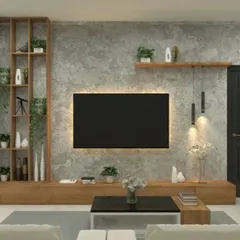 A nature-inspired TV unit design that embodies our biophilic approach. The unit combines a concrete-finish wall with extensive open wood shelving, providing ample space for decorative plants and creating a living, breathing entertainment center.