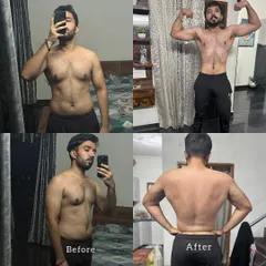 Building a lean physique from the ground up. This client's progress photos show a clear reduction in body fat and the emergence of muscle tone in the chest, arms, and back.