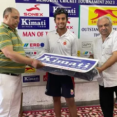 One of our players receiving the 'Man of the Match' award in a memorial cricket tournament. Individual accolades like these are a direct result of the discipline and skill development emphasized in our coaching camps.