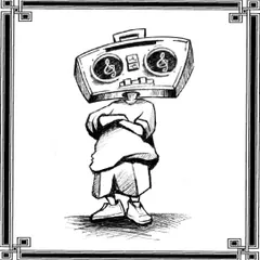 A boombox-headed character, representing my roots in hip-hop culture. This design is ready for a custom tattoo appointment.