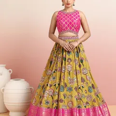 A full view of the floral lehenga, showcasing the beautiful flare of the skirt and the striking color combination. It is an ensemble designed to make you stand out.