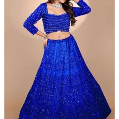 A full-length view of the royal blue sequin lehenga, highlighting its vibrant color and glamorous sparkle.