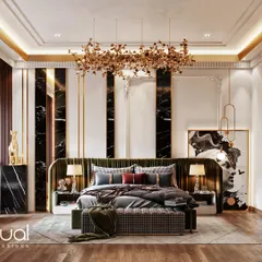 A master bedroom visualization that blends bold materials like black marble and gold accents with sophisticated lighting. The design features a custom headboard, an elaborate chandelier, and a cohesive, opulent aesthetic.