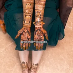 A complete bridal story from hands to feet. This design features bride and groom portraits on the palms, with narrative panels on the arms and complementary architectural motifs on the feet.